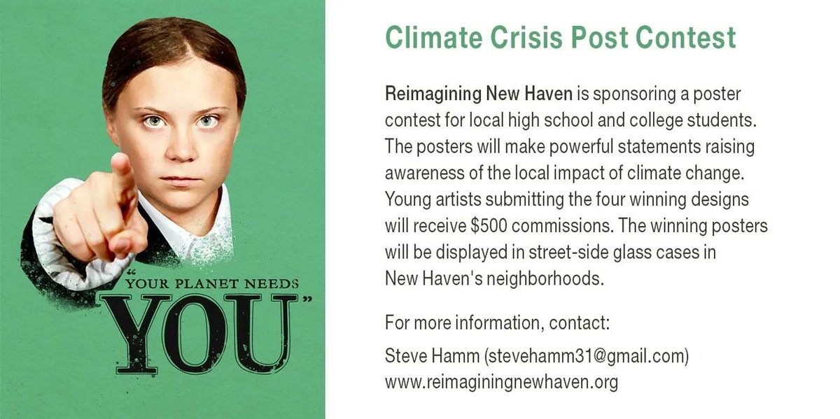 Calling all artists: Reimagining New Haven in the Era of Climate Change is hosting a "Climate Crisis Poster Contest" for students in high school and college. Winning designs earn $500 and will be displayed in #nhv neighborhoods. #sustainability buff.ly/3fR0jy8