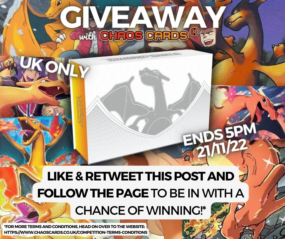 We're giving away a Pokemon TCG Charizard Ultra-Premium Collection on each social channel and finally we're at Twitter!🎉 The winner will be announced shortly after this giveaway ends on the 21st of November! Good luck to everyone!🌟 #CharizardUPC #ChaosCardsGiveaway