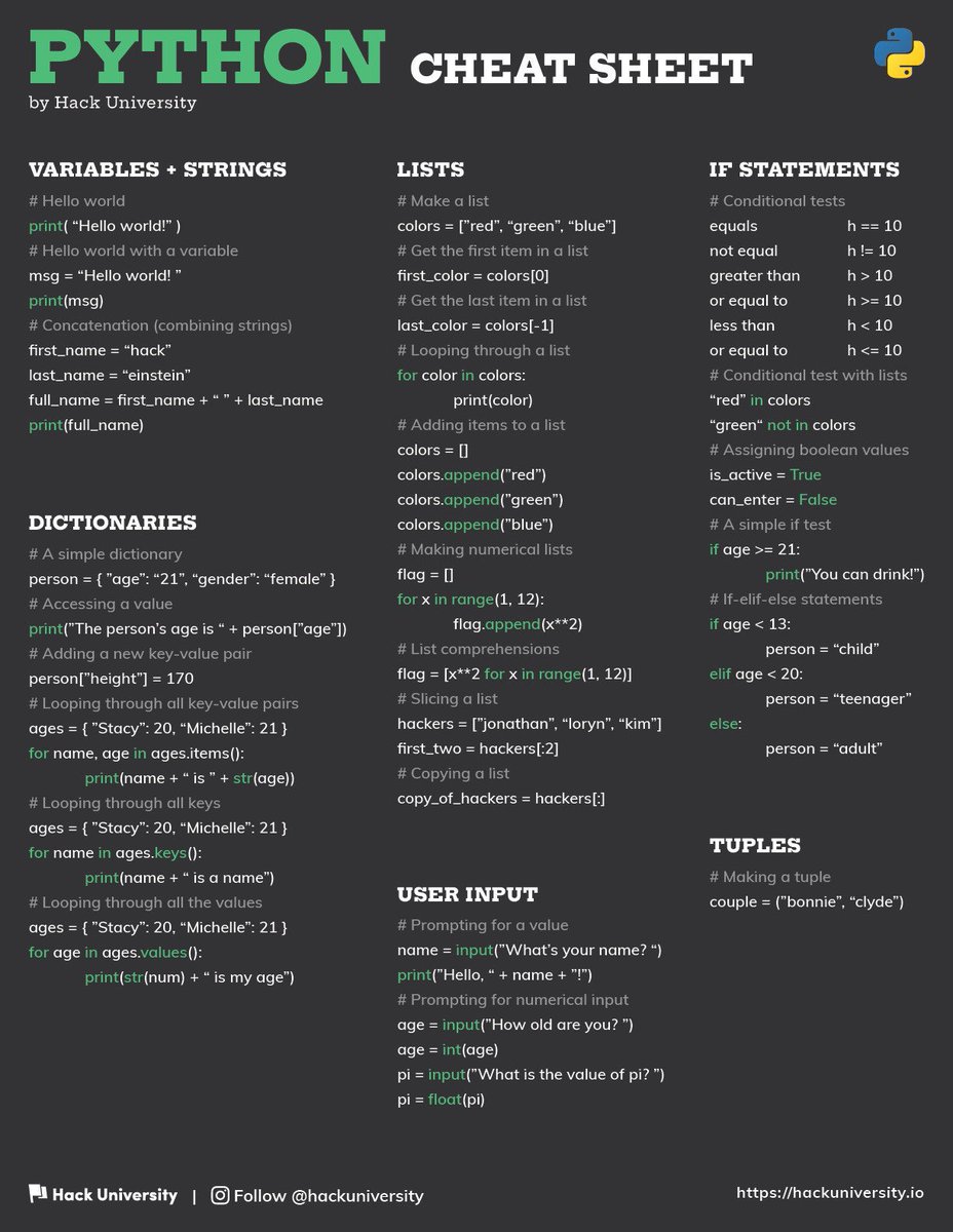 ginacostag_'s tweet image. Python Cheat Sheet 🐍

#BigData #Analytics #DataScience #AI #MachineLearning #PyTorch #Python #RStats #TensorFlow #Java #JavaScript #ReactJS #React #Serverless #DataScientist #Linux #Programming #Coding #100DaysofCode #DevOps #SQL #Blockchain #CyberSecurity #Flutter #PHP #Github