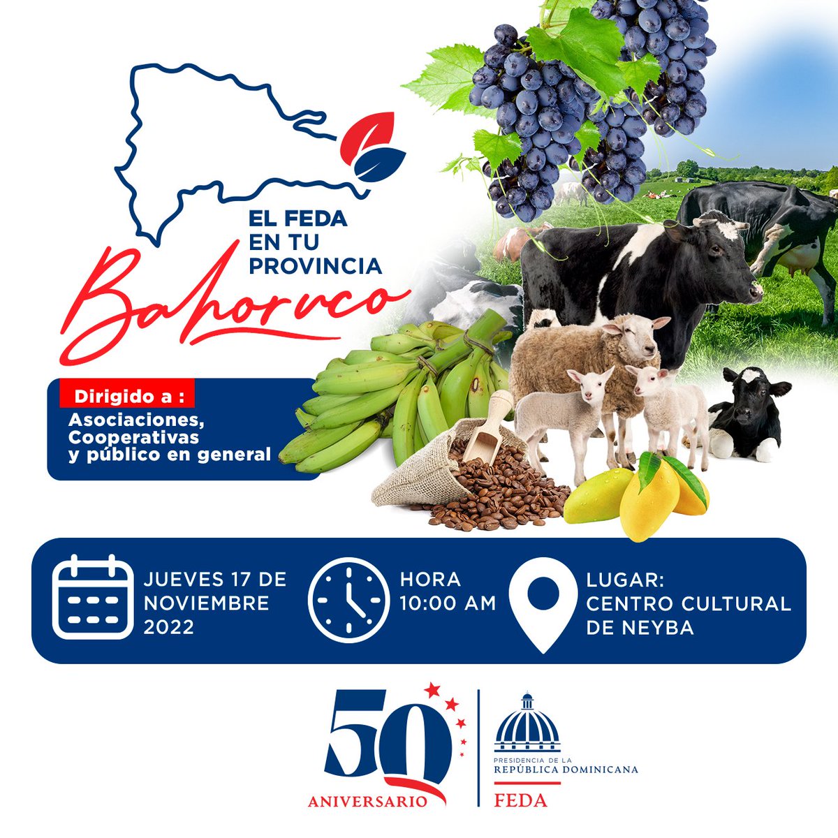 Feda_RD's tweet photo. ¡𝐄𝐥 𝐅𝐄𝐃𝐀 𝐞𝐧 𝐭𝐮 𝐏𝐫𝐨𝐯𝐢𝐧𝐜𝐢𝐚 𝐁𝐚𝐡𝐨𝐫𝐮𝐜𝐨!

Acompáñanos este Jueves 17 de Noviembre 2022 a las 10:00 A.M. En el Centro Cultura del Municipio de Neiba 𝐄𝐥 𝐏𝐫𝐨𝐠𝐫𝐚𝐦𝐚 𝐝𝐞𝐥 𝐅𝐄𝐃𝐀 𝐞𝐧 𝐭𝐮 𝐏𝐫𝐨𝐯𝐢𝐧𝐜𝐢𝐚.

#ApoyandoelCampoDominicano https://t.co/6KznxjNOVp