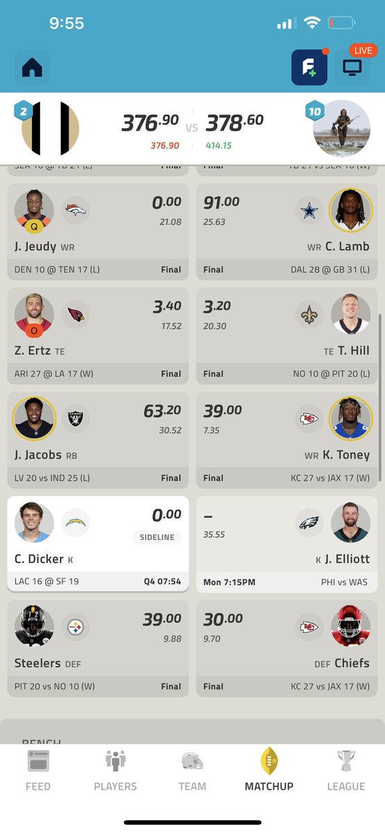 BrockWilson7's tweet photo. @NFLFantasy When will your app represent accurate scoring? Dicker still not showing. https://t.co/K1yAfpVuUH