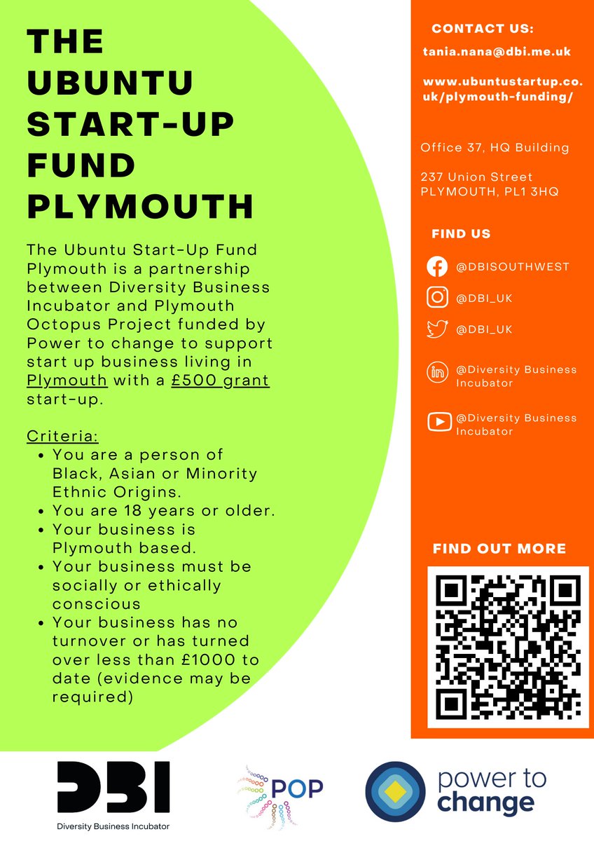 Let's break the barriers to access finance for the BAME and help launch new BAME businesses, and support existing SME's with our new partnership with @PlymouthOctopus which is funded by Power to Change. Deadline is Friday 16th of December! ubuntustartup.co.uk/plymouth-fundi…