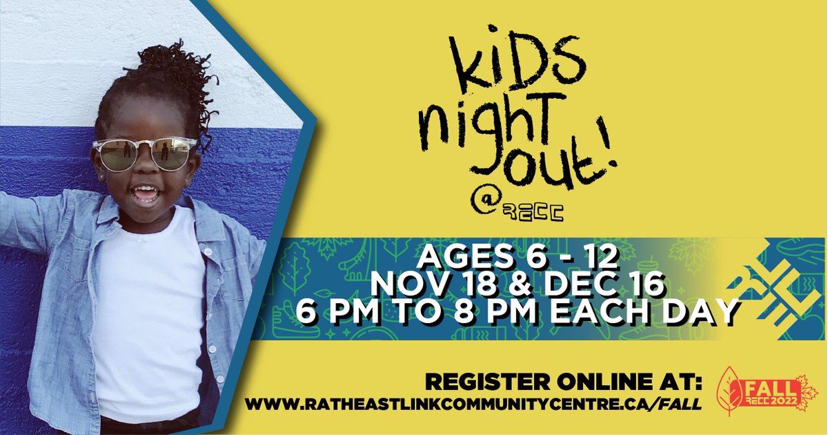 Our next Kids Night Out is Friday, November 18th.
An hour of socialization &amp; food (6:00 pm - 7:00 pm) and then an hour of swimming (7:00 pm - 8:00 pm)
Register now in person or online at ratheastlinkcommunitycentre.ca/fall