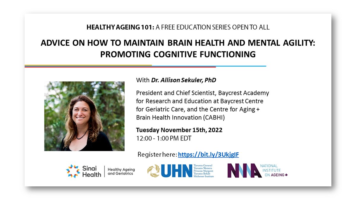 Our November Healthy Ageing 101 webinar, "Advice on How to Maintain Brain Health and Mental Agility: Promoting Cognitive Functioning" hosted by <a href="/asek47/">Dr Allison Sekuler 🧠 👁🥁🇨🇦</a>, is happening tomorrow! It's not too late to register. Sign up here to attend: bit.ly/3UkjgIF