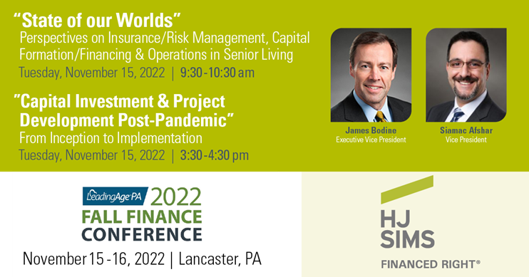 The <a href="/LeadingAgePA/">LeadingAge PA</a> Fall Finance Conference kicks off this week in Lancaster, PA. Jim Bodine, Executive Vice President and Siamac Afshar, Vice President will be there. Be sure to join them for one of our sessions at the conference: hjsims.com/leadingage-pa-… #seniorliving