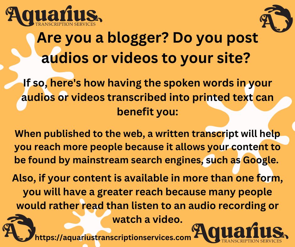 AquaTranscript's tweet photo. #AudioVideoContent #BusinessService #Transcript #ReachMorePeople #Webinars #Podcasts #Meetings #OnlineLearning #Interviews #PersonalDevelopment #Bloggers #Authors #NonProfits #Churches #Zoos #Libraries #Museums #Schools https://t.co/XTR4uDzWXy