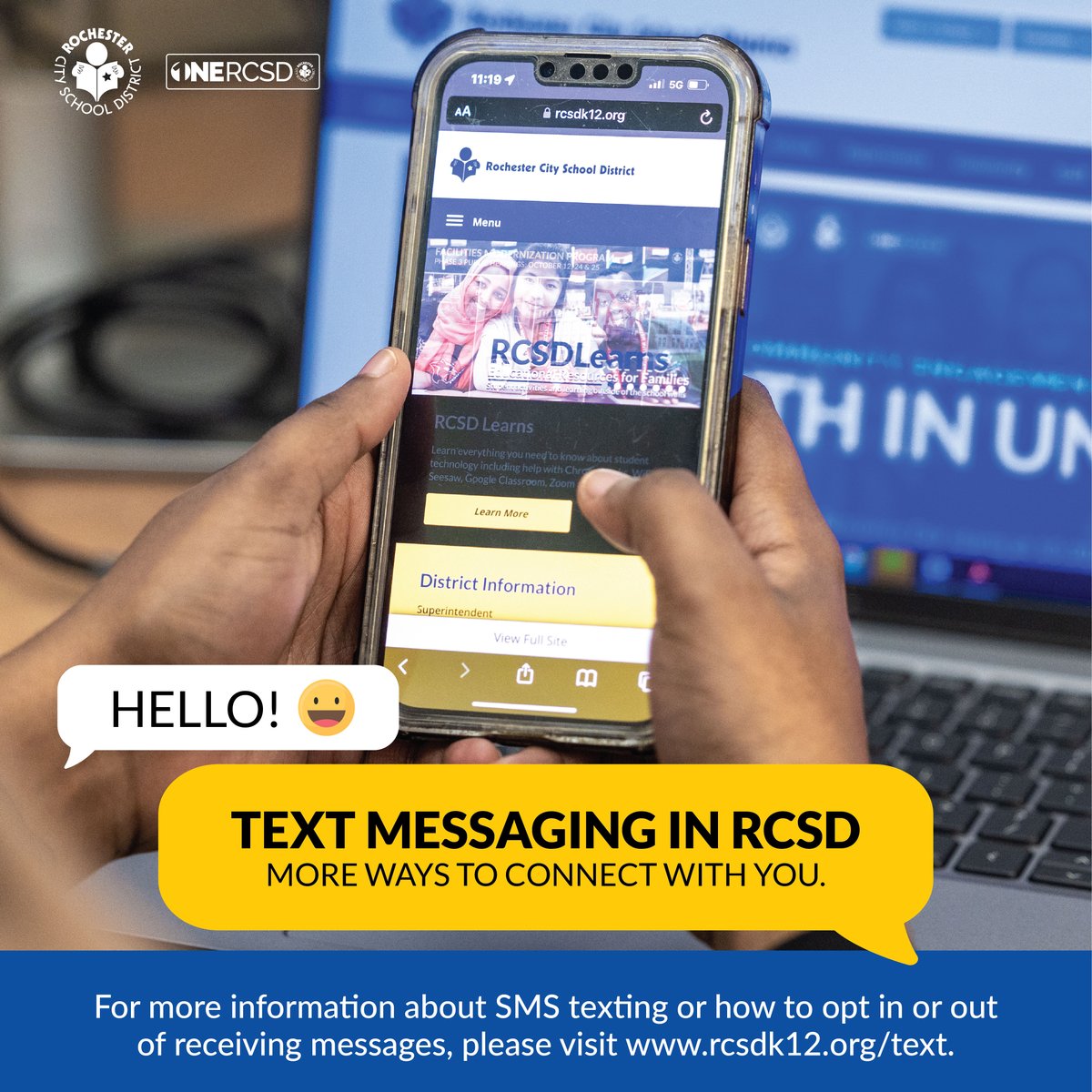 The RCSD will be using SMS texting to help connect with families! If you are a custodial caregiver of a student with a mobile number on file, you can opt in to this feature. No mobile number on file? Contact your child’s school to update your information today! 

#ONERCSD