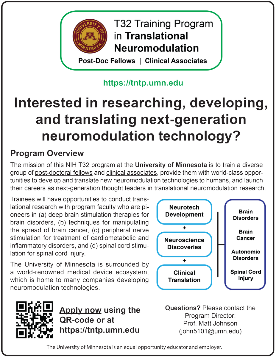 Interested in researching, developing, and translating next-generation neuromodulation technology? Check out our new T32 in Translational Neuromodulation Fellowship at the University of Minnesota. #neuromodulation