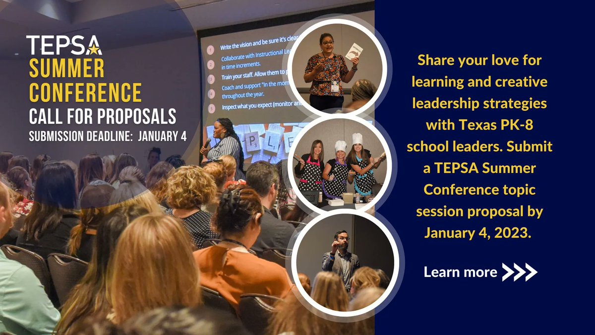 Want to present at the 2023 TEPSA Summer Conference??

Session Proposals are now open: bit.ly/3t0wNJa 

#WeLeadTX #TXed #Leadership #PD #Summer