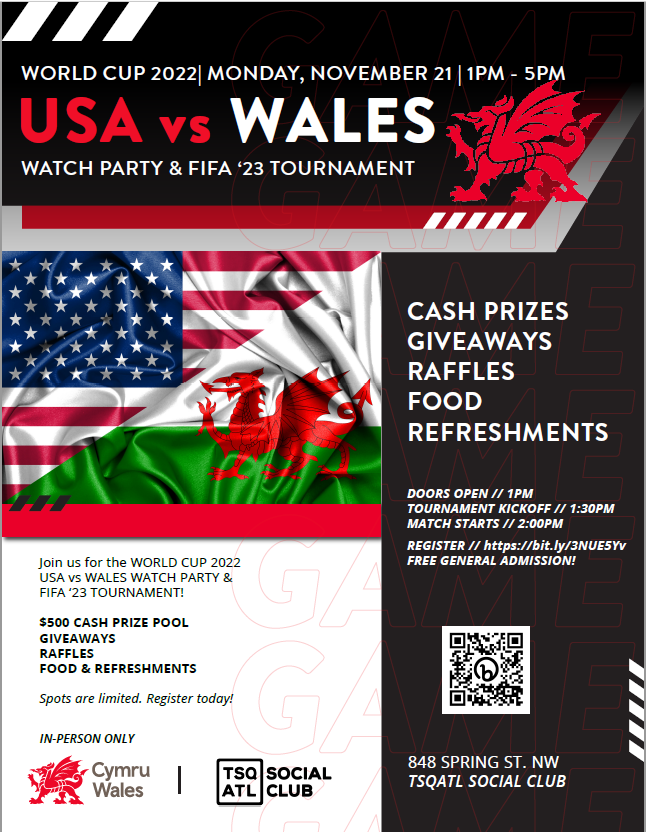 UKinAtlanta's tweet photo. Join us for food, drinks, a video game tournament, and watching 🇺🇸 vs 🏴󠁧󠁢󠁷󠁬󠁳󠁿 battle it out in each team's first match of #FIFAWorldCup. We promise you'll have a blast! Best of all, general admission is free. 

Register with the QR code below: https://t.co/jdkKm5Nx8d