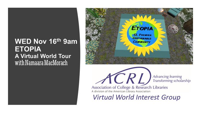 Save the date!  WED Nov 16 9am PST visit bit.ly/3h2Ce7A  the monthly #EtopiaSL meeting with @go4victory 

Come tour a community in a 3D Virtual World.  Sustainable living is more than recycling and Second Life is more than gaming.

Free #SecondLife acct required.
