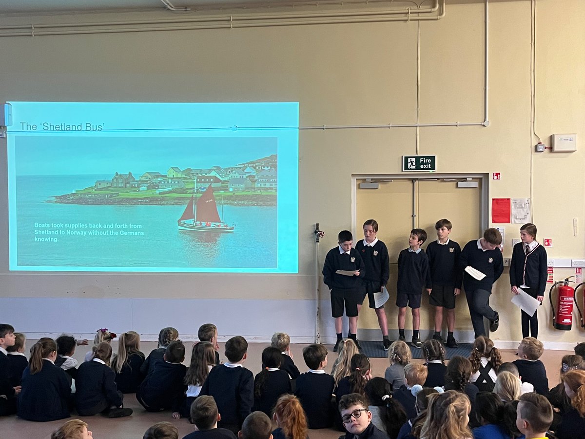 Scone_Steigen's tweet photo. Today, Norway Club P7 pupils at @RDMScone led a presentation at assembly that they had researched about Scotland &amp; Norway’s connections during WW2, including about the Shetland ‘Bus’. Well done on all your research. #RemembranceDay @PaMemorial https://t.co/aD43fPz8jm