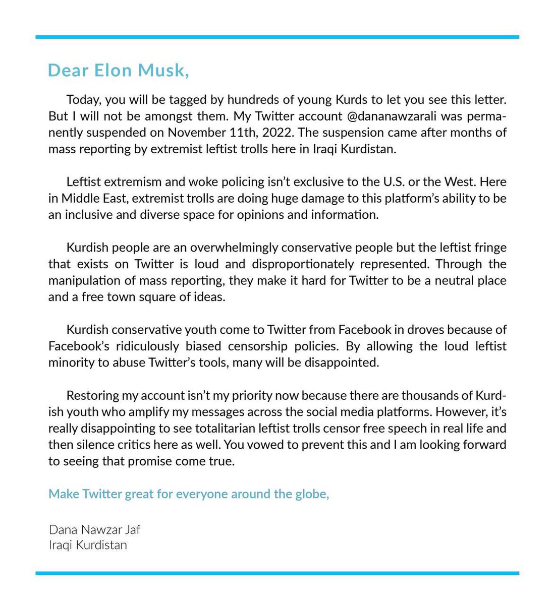 yahyanawzarjaf's tweet image. A letter from Dana Nawzar Jaf to @elonmusk 

#SupportDananawzar