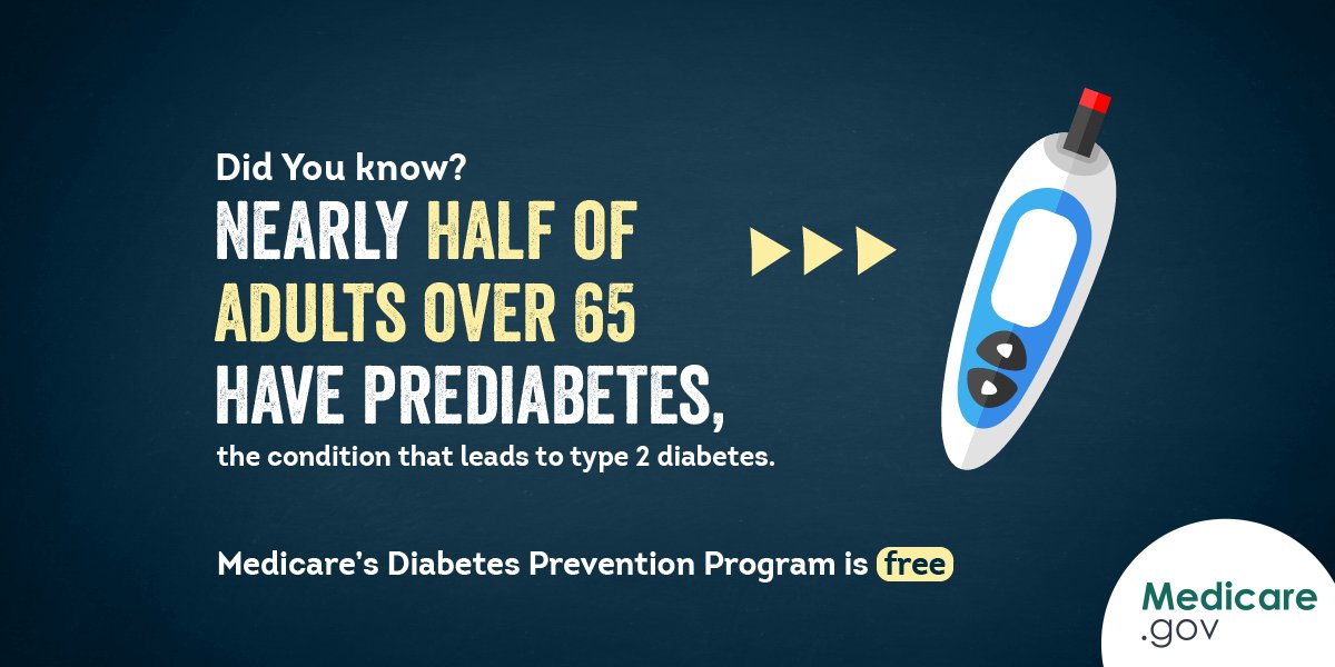 MedicareGov's tweet photo. Nearly half of adults over 65 have prediabetes, the condition that leads to type 2 diabetes. Take control of your health: talk with your doctor about Medicare’s #DiabetesPreventionProgram, free under #Medicare Part B if you qualify. https://t.co/iWRVQNT3ZW #WorldDiabetesDay https://t.co/HRvKFsWwv4