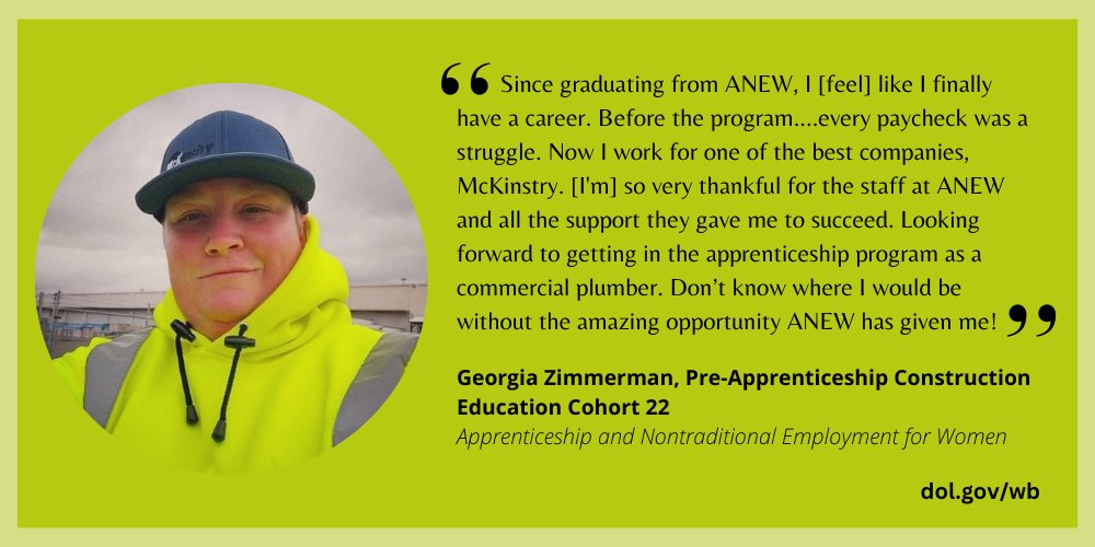 WB_DOL's tweet image. Joining a pre-apprenticeship program with WANTO grantee ANEW changed Georgia's life and is preparing her for a future career in plumbing. Read more about her.

#NAW2022 #WomenInTrades