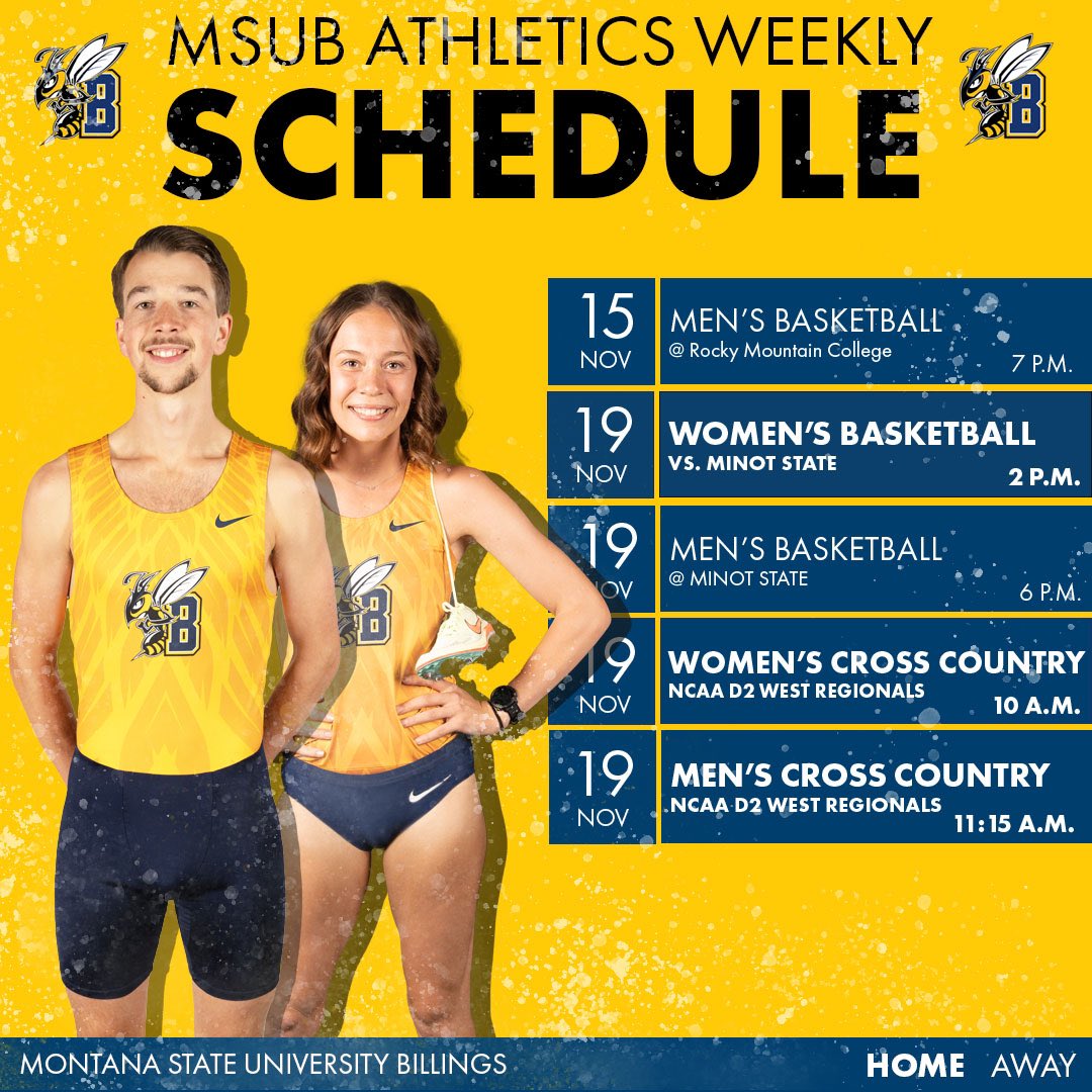 MSUBsports's tweet photo. A fun week ahead for your ‘Jackets!

This week is highlighted hosting the NCAA West Regional Cross Country Meet and both basketball teams playing in Billings.

#MSUBSports🐝 https://t.co/4WeSBVMdQG