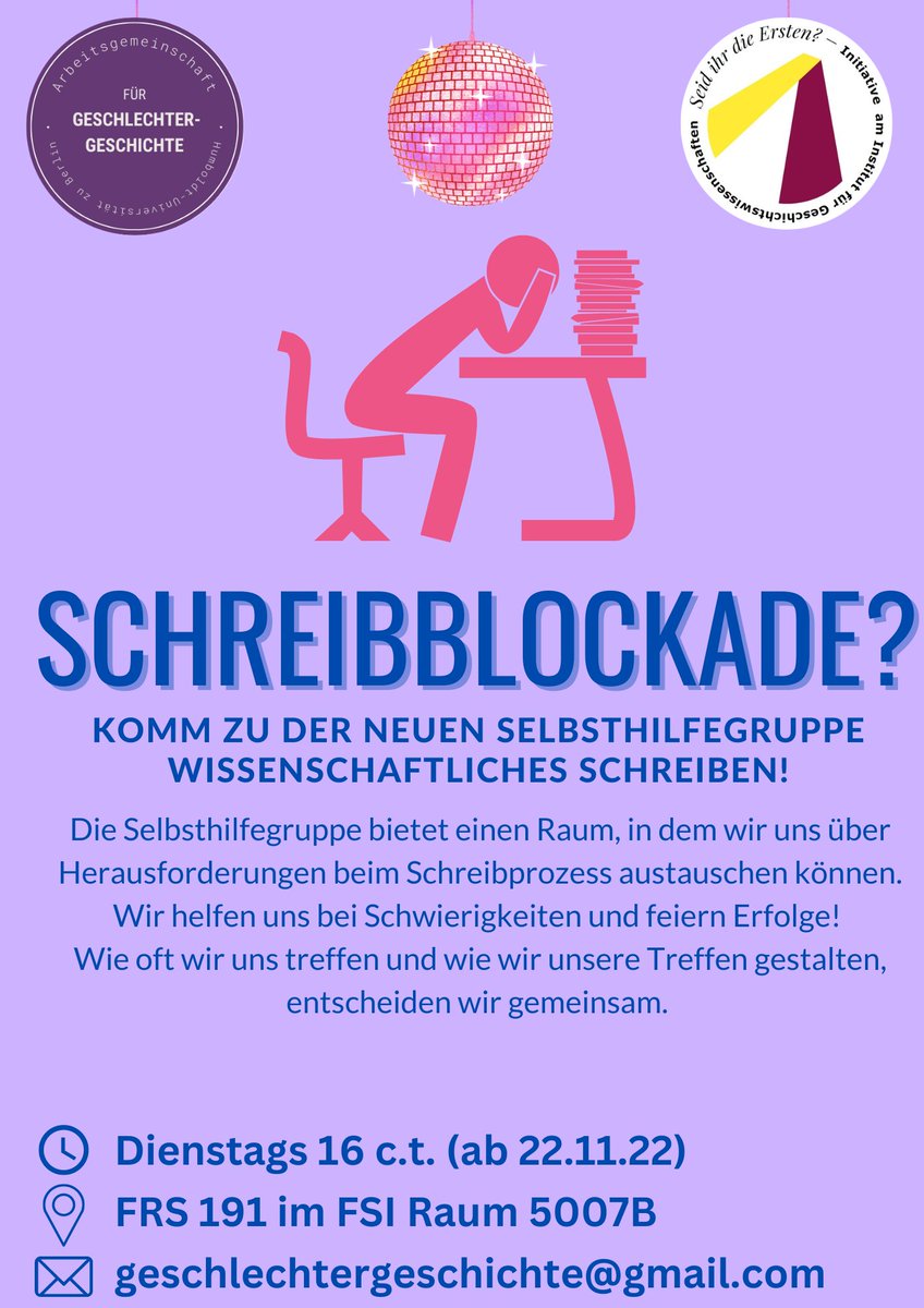 Gemeinsam mit der AG #Geschlechtergeschichte starten wir am 22.11/16c.t. in 5007B eine #Selbsthilfegruppe zum Thema wissenschaftliches Schreiben!Die Gruppe bietet einen Raum,in dem wir uns über Herausforderungen austauschen können,bei Problemen helfen und Erfolge gemeinsam feiern