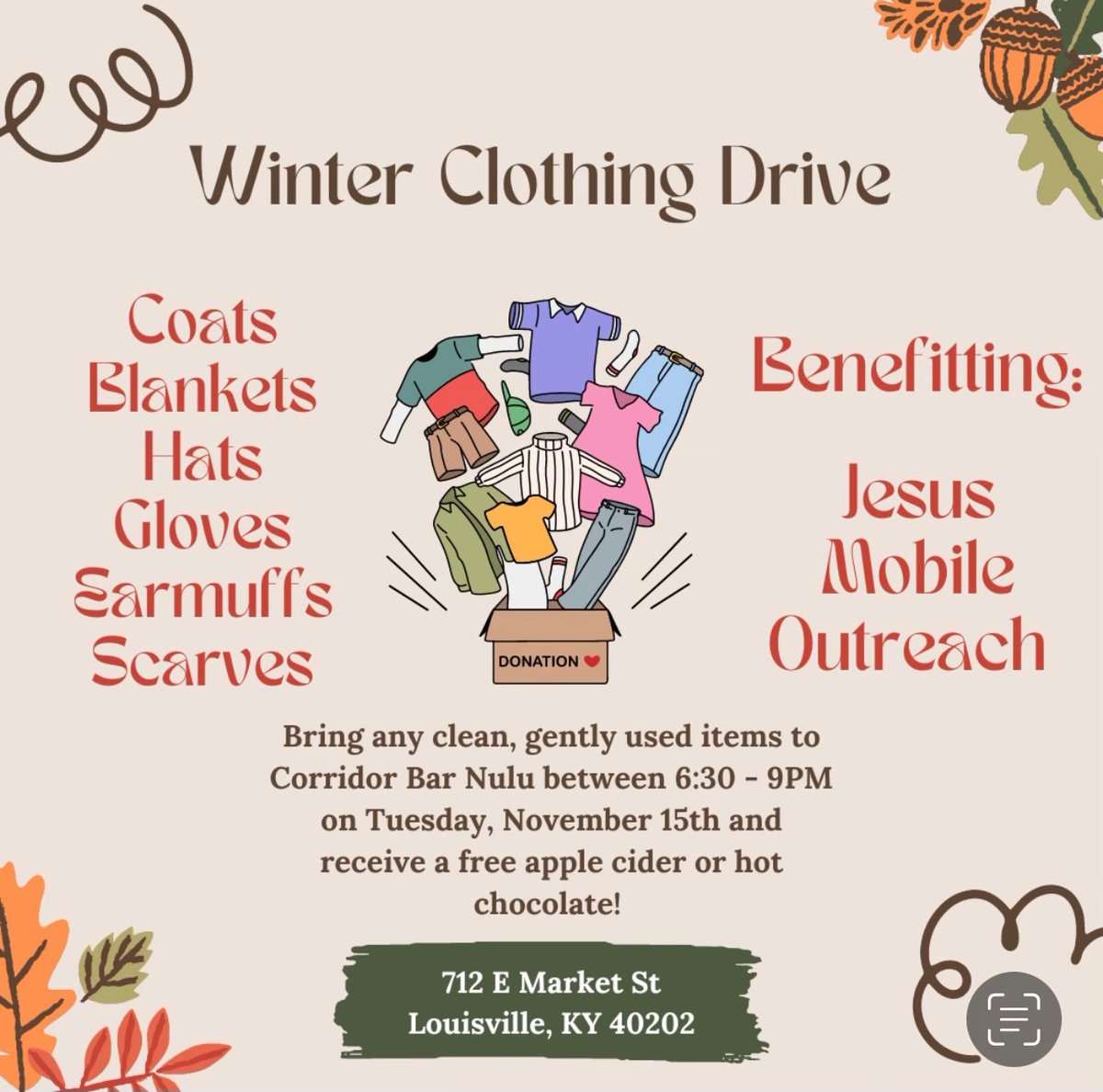 getJiggywith_It's tweet photo. bring any warm winter clothing or blankets to Corridor Bar in NuLu tomorrow. @rizzzzoooo &amp; I will be there 6:30-9 😬 https://t.co/zMfx2hlSOm