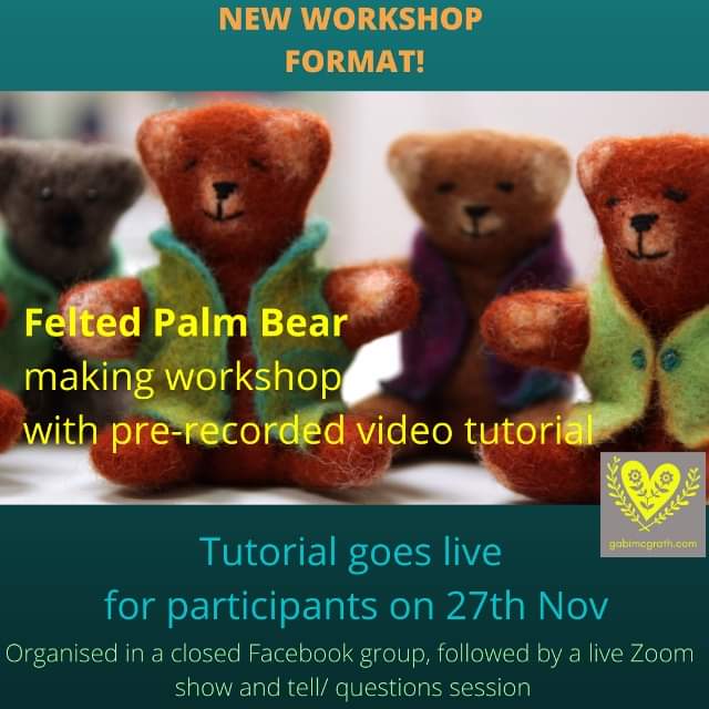 GabiMcgrath's tweet photo. Palm Bear workshop with a difference. Pre-recorded tutorial will be available through a closed Facebook group. For more information visit my webshop on https://t.co/2zPUn4sBNF.
#felttutorial #felting #feltmaking #wetfelting #feltedbear #onlineworkshop #onlinelearning https://t.co/WcxrSMBH6Y