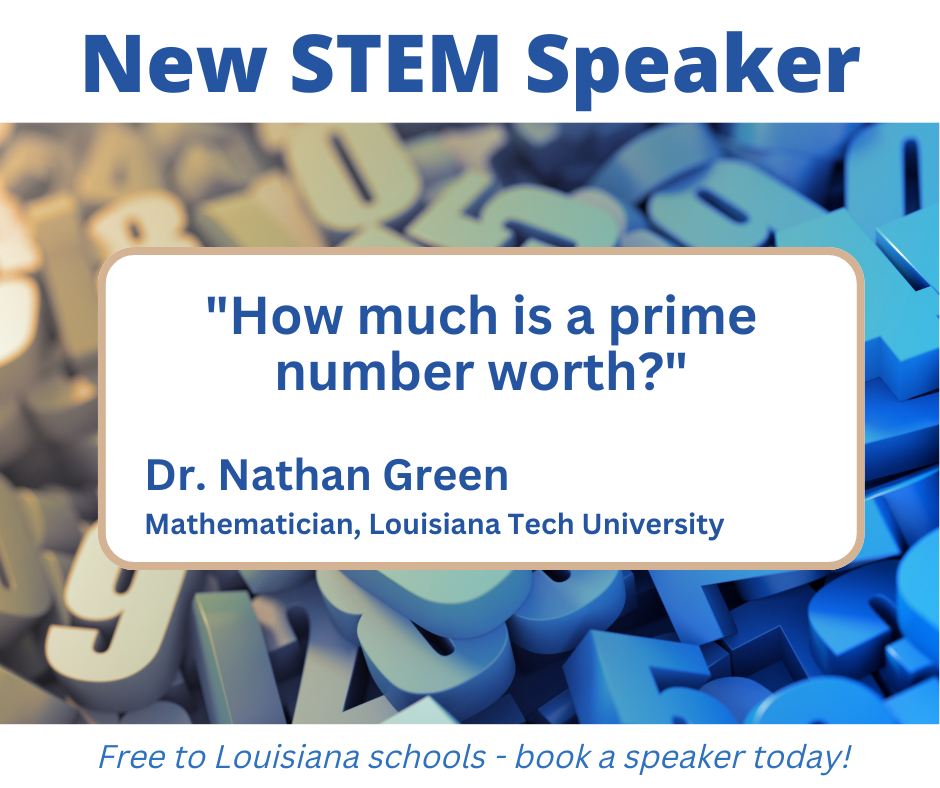 How much is a prime number worth? Book Dr. Nathan Green, Asst Prof in Mathematics at LATech, for a free class presentation to find out! For grades K-5, 6-8, 9-12, and college levels. Book at: rsi.laregents.edu/speaking-of-sc…
#stemeducation #SpeakersBureau #louisiana #math