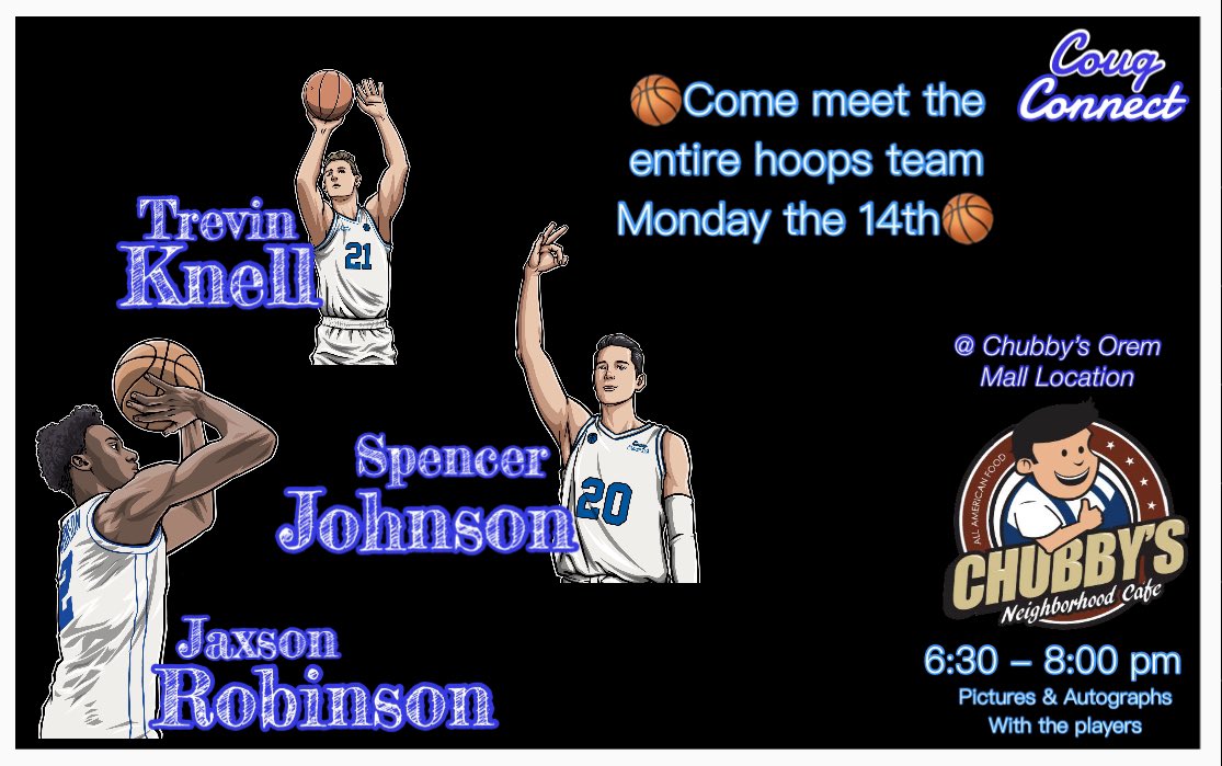 CougConnect's tweet photo. Tonight @ 6:30 pm!!! 

Cougar Nation RT, let’s get thousands out to this free event @ Chubby’s by the Orem Mall &amp; support our guys

RT &amp; Jimmer this

10-15% of sales at that location will go to support the players!
@ChubbysOrem @trevin_knell @joewheat27 @rakoto10 @SportyMcSports https://t.co/hgIfn3I0KD