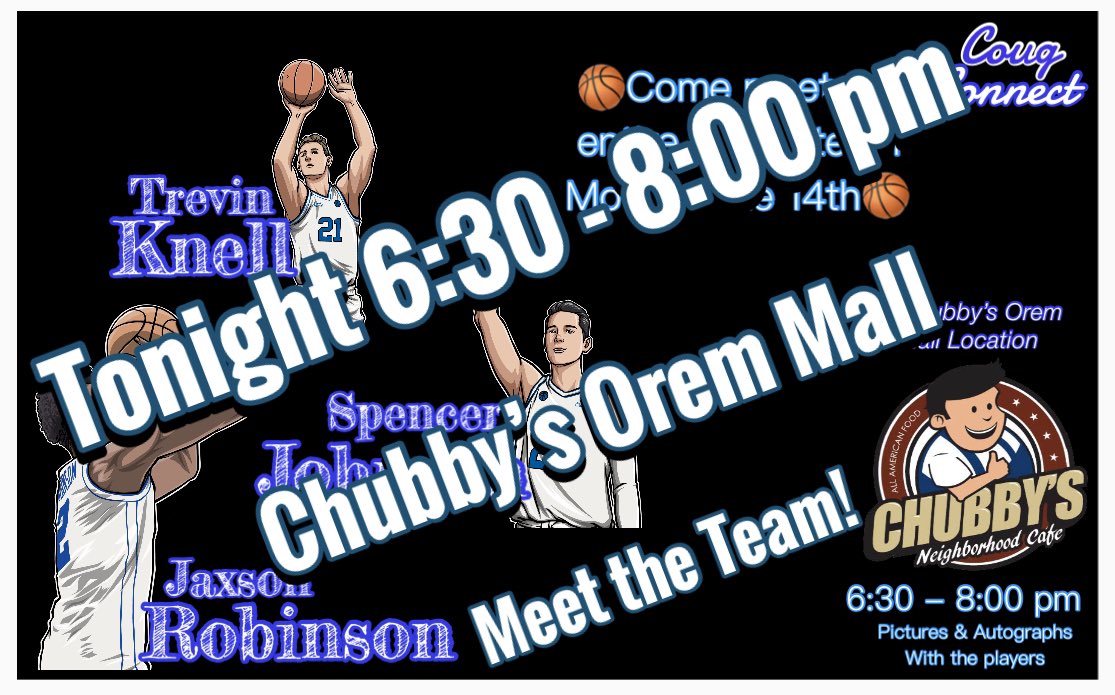 CougConnect's tweet photo. Tonight @ 6:30 pm!!! 

Cougar Nation RT, let’s get thousands out to this free event @ Chubby’s by the Orem Mall &amp; support our guys

RT &amp; Jimmer this

10-15% of sales at that location will go to support the players!
@ChubbysOrem @trevin_knell @joewheat27 @rakoto10 @SportyMcSports https://t.co/hgIfn3I0KD