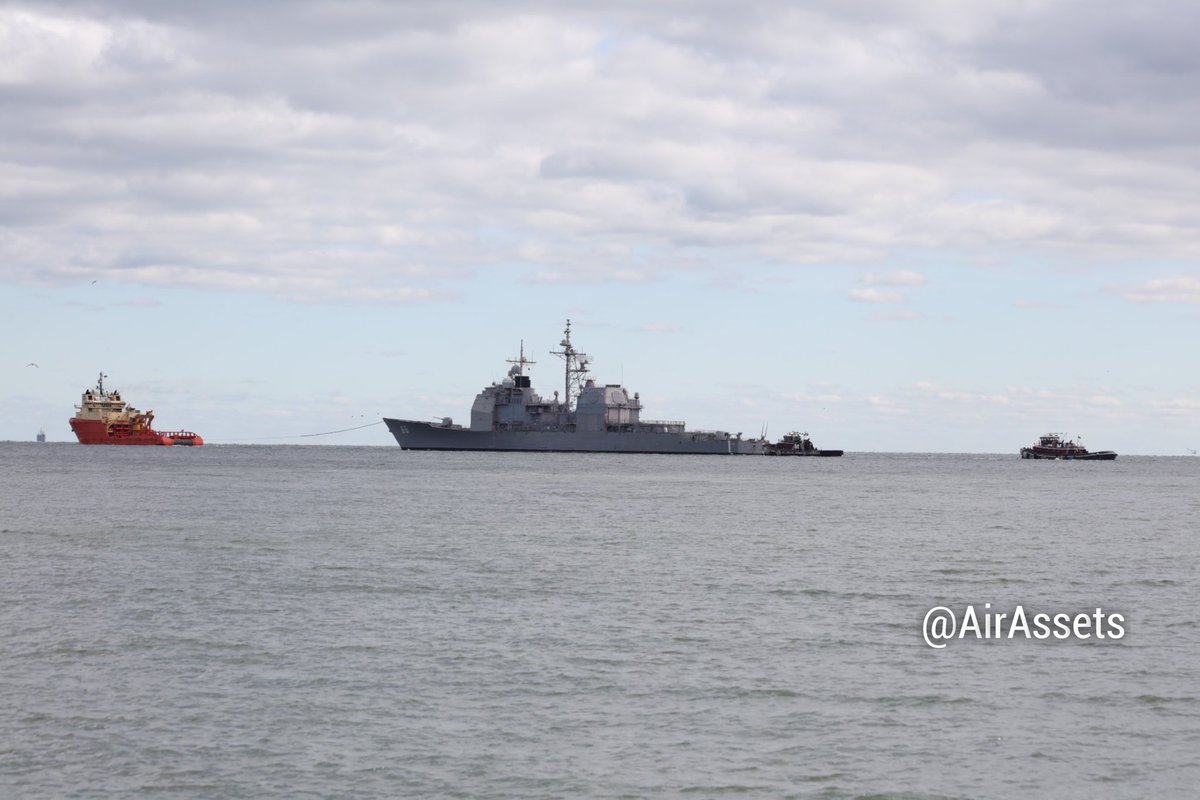AirAssets's tweet photo. UTC 17:00 12:00 local under tow by the Gary Chouest is the USS Hué City a Ticonderoga-class guided missile cruiser headed for Philadelphia yard having been decommissioned at Naval Station Norfolk.
#cg66 #huecity https://t.co/bJeNNuqeZm