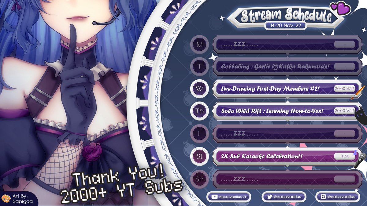 neisavoetius's tweet photo. First (scuffed) karaoke-
I hope I can get through it well and alive💀

✧ Weekly Schedule for Nov 7 - Nov 13, 2022 ✧
!socials : https://t.co/nuv9261fGU

Hashtags :
General &amp; Info : #NeisaVoetius
Fanart - #Neisketch (18-) #PPNeisa (18+)
Memes - #Neismeme
Stream/Clips - #Neisdream https://t.co/M9VswMpvnS