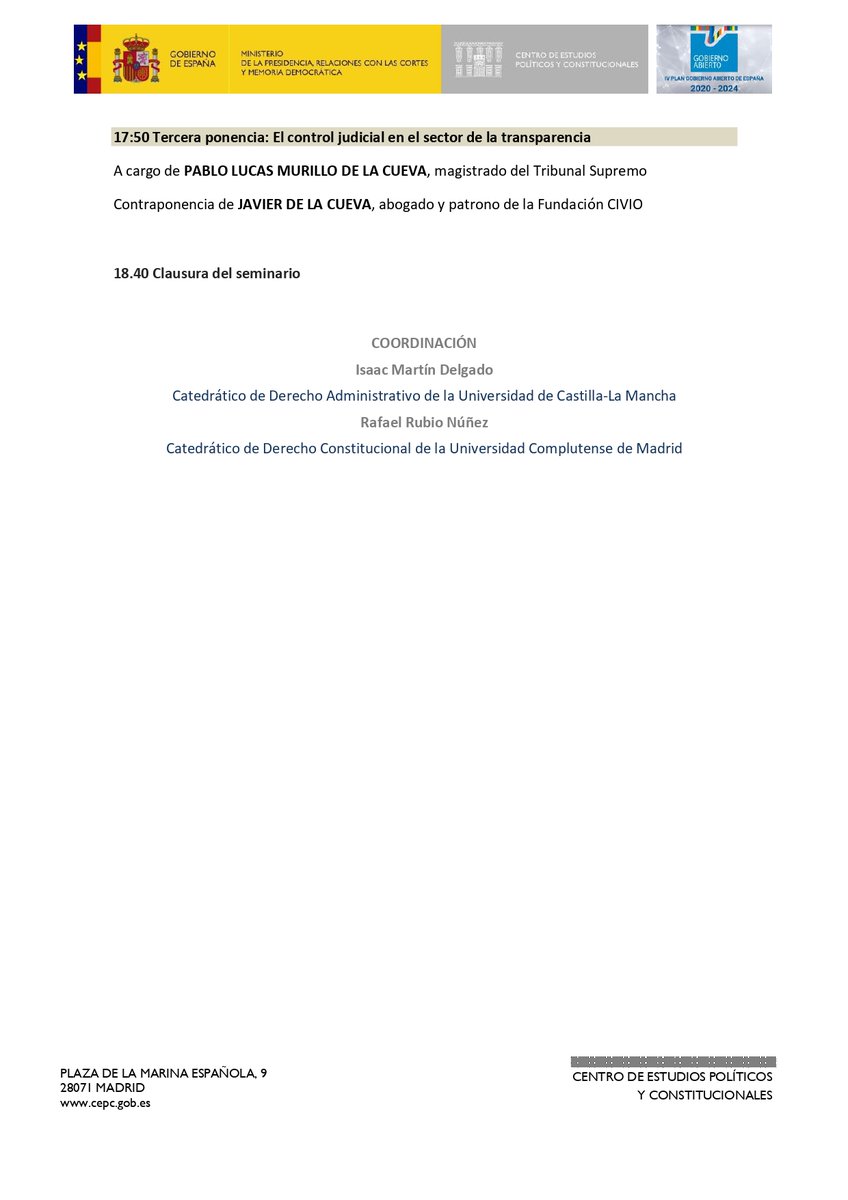 cepcgob's tweet photo. Lunes 12/12 16:00
Seminario "Mediación, cumplimiento y control de las resoluciones de los órganos de transparencia" #CuartoPlan de #GobiernoAbierto
Inauguran Yolanda Gómez @imdelga y @RafaRubio (1/2)
Inscripción👇
https://t.co/i8U54toTvd https://t.co/JIXJxaXAto