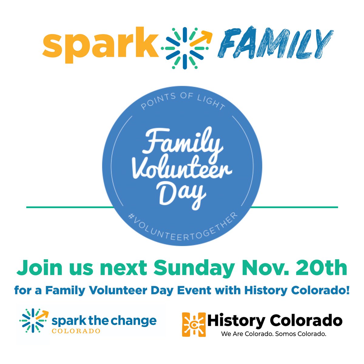 SparkChangeCO's tweet image. Spark is hosting a table at @HistoryColorado&apos;s Family Volunteer Day Event. All participants will receive FREE access to the museum!
All are welcome! Register:calendar.time.ly/63iq9y15/event…
#volunteertogether #historycolorado #sparkfamily #sparkchange #familyvolunteering #PointsofLight