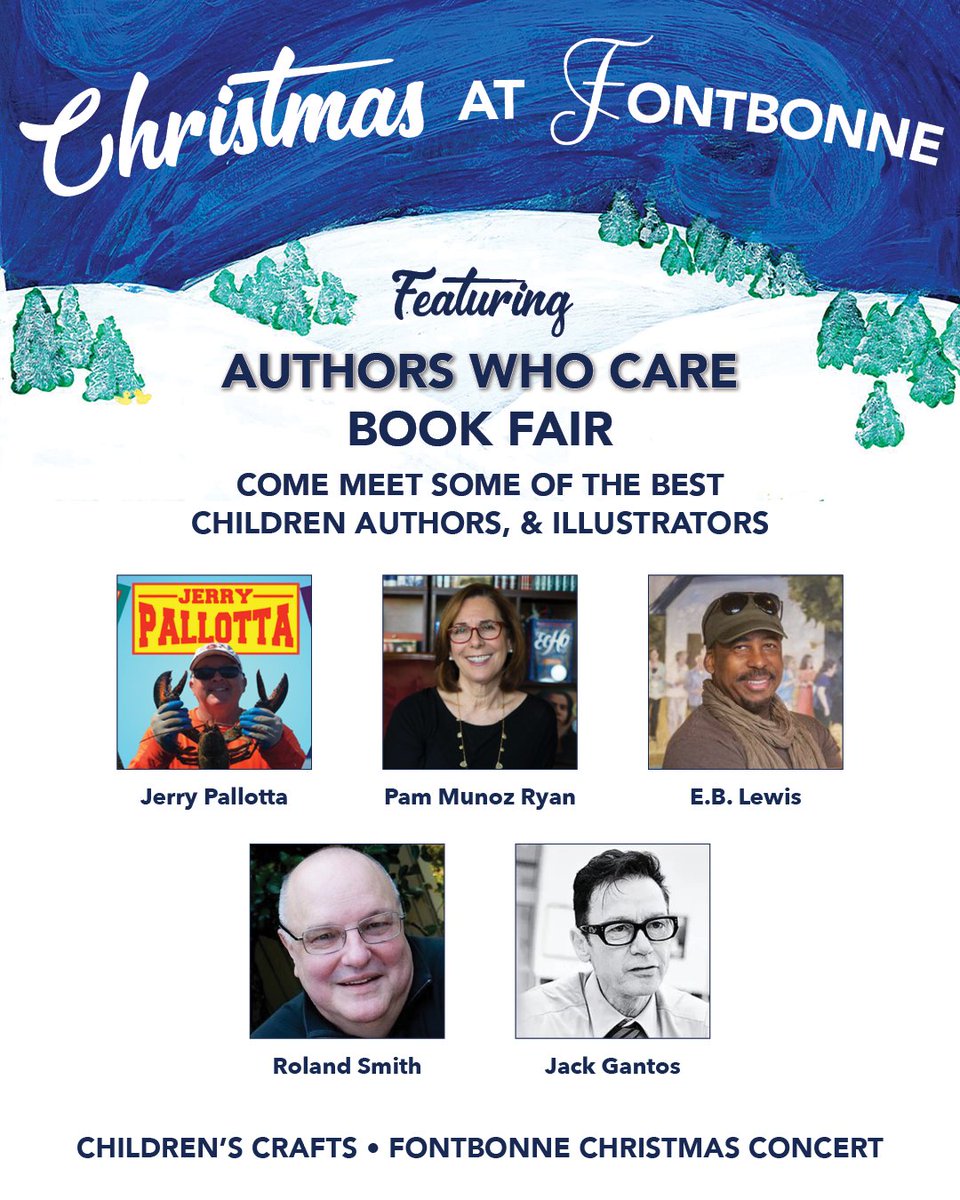 Register to join us on December 11 at <a href="/fontbonneboston/">Fontbonne</a> and meet my author and illustrator friends <a href="/PamMunozRyan/">Pam Munoz Ryan</a> <a href="/iameblewis/">E. B. Lewis</a> <a href="/RolandCSmith/">Roland Smith</a> <a href="/RealJackGantos/">Jack Gantos</a> 📚

eventbrite.com/e/christmas-at…

#Authors #Illustrators #KidsLit #AuthorsWhoCare