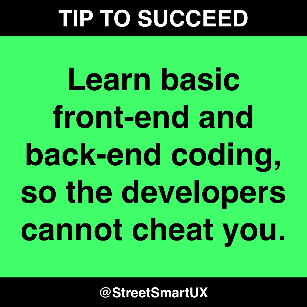 StreetSmartUX's tweet photo. When designers have an understanding of coding , it makes the communication process  efficient. At times when developers refuse your proposal, you can bring up  alternative solutions.

Any designer can design, but not everyone can execute. https://t.co/VatpDxRHll