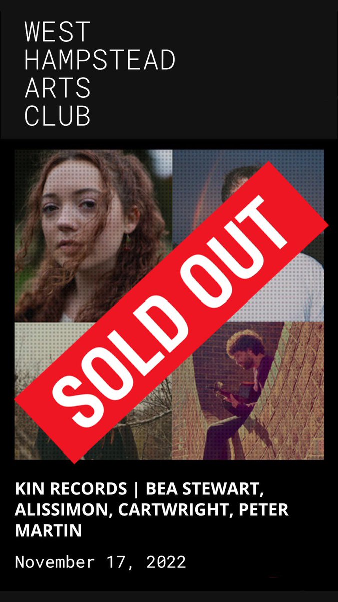 Our next Kin Records night at <a href="/WHACLondon/">West Hampstead Arts Club</a> is now sold out! Looking forward to another great show with Bea Stewart, <a href="/iamcartwright/">Cartwright</a>, <a href="/alissimon/">alissimon</a> and Peter Martin. See you then 🙌