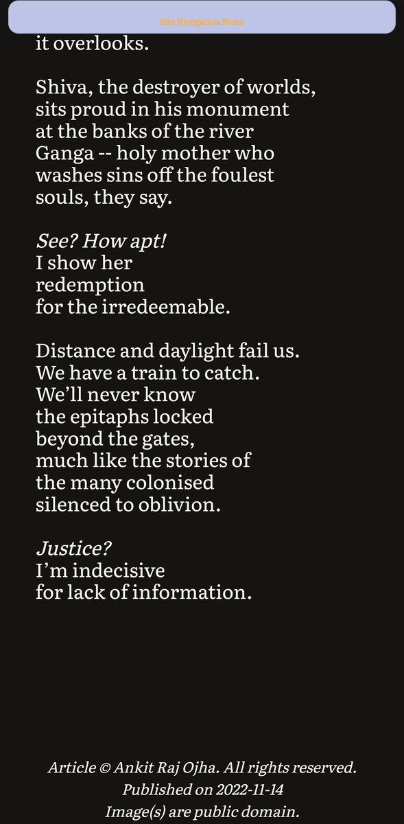 Ankit Raj Ojha (@ankit_raj01) on Twitter photo "Mes de los muertos" is the theme of the month at The Piker Press, and I have a poem out today.
Thank you, Sand Pilarski (<a href="/pikerpress/">The Piker Press</a>).
"Reflections Upon Visiting the Old Cemetery in Roorkee":
pikerpress.com/article.php?aI…
#poetrycommunity #poetrytwitter #WritingCommunity #poetry "Mes de los muertos" is the theme of the month at The Piker Press, and I have a poem out today.
Thank you, Sand Pilarski (<a href="/pikerpress/">The Piker Press</a>).
"Reflections Upon Visiting the Old Cemetery in Roorkee":
pikerpress.com/article.php?aI…
#poetrycommunity #poetrytwitter #WritingCommunity #poetry