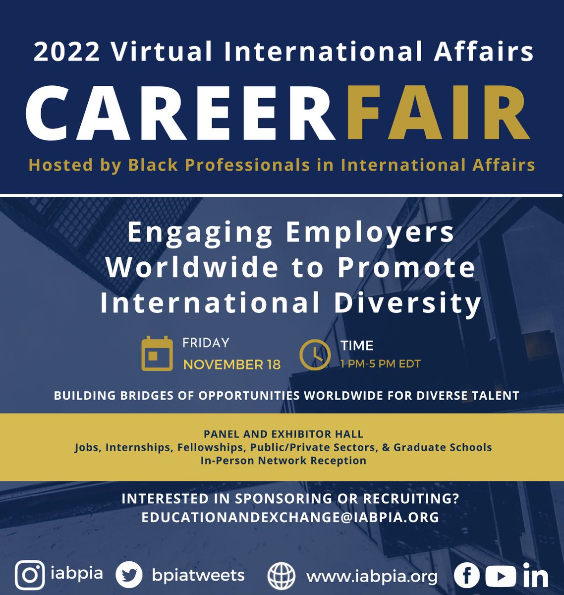 📅 Mark your calendars. This Friday, join us for our 2022 virtual career fair. This year's theme is “Engaging Employers Worldwide to Promote International Diversity.” 

Register: bit.ly/BPIA_CareerFai…
