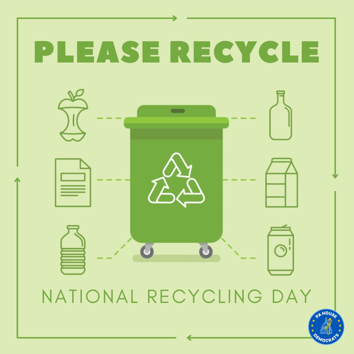 Items like cardboard, metal cans, and paper are commonly accepted by local curbside programs, and items like plastic bags, electronics and batteries do NOT go in the curbside recycling bin. #NationalRecyclingDay