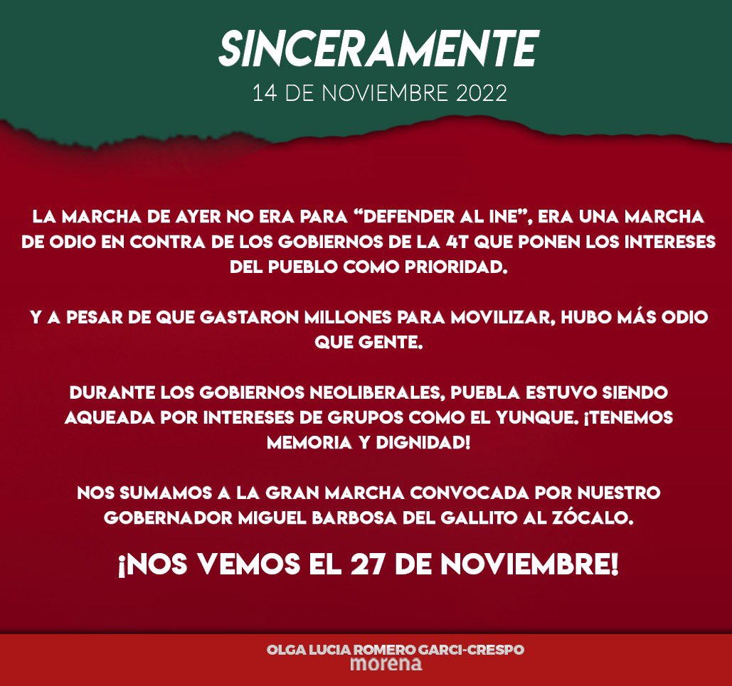 OlgaRomeroGC's tweet photo. 🔖 Nos sumamos al llamado de nuestro Gobernador @MBarbosaMx en apoyo y defensa del 4T. ¡Nos vemos el 27 de noviembre! https://t.co/vGPiQbo4Qx