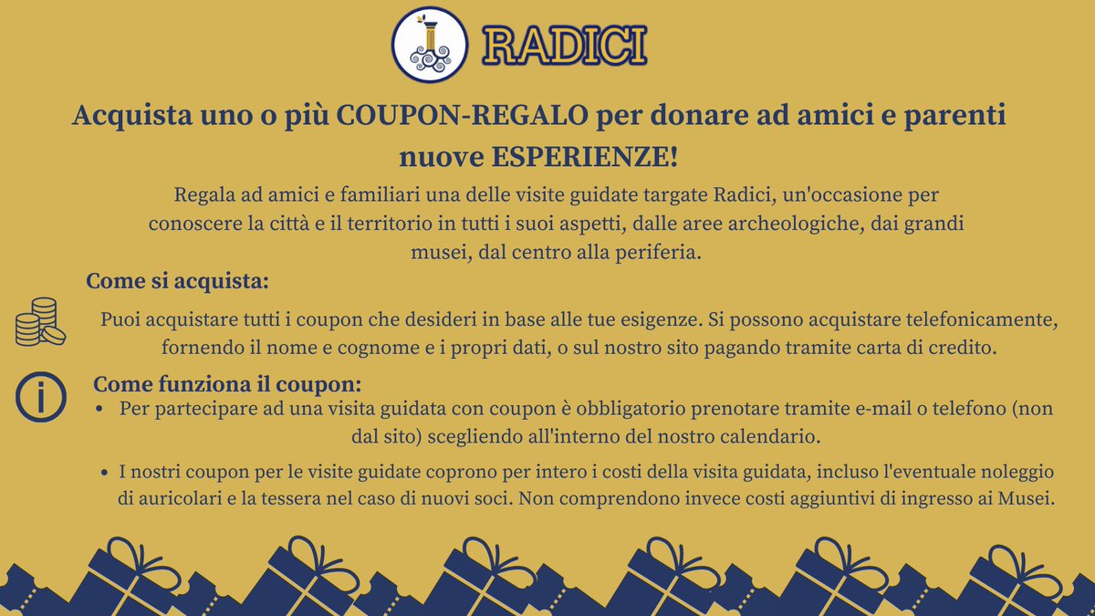 Sono arrivati i COUPON-REGALO! 🤩

Se non sai che regalo fare ai tuoi cari o ai tuoi amici questa potrebbe essere la soluzione che fa per te. 
Cosa aspetti, regala subito un'esperienza con noi!🎁

#radiciaps #roma #Regalo #cultura 
#accessibilità #inclusione #coupon #storia #arte