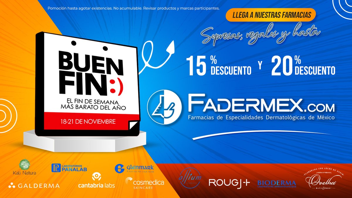 Fadermex's tweet photo. ¡Por fin! llega el #BuenFinFadermex con increíbles sorpresas, regalos y descuentos en marcas participantes como @Rougjmexico  @kalinatura  @PanalabMexico @CantabriaLabsES @Cosmedica @Allium @BiodermaMexico @ovelha prepárate para el fin más barato del año con #Fadermex https://t.co/mwXZBnnGGt