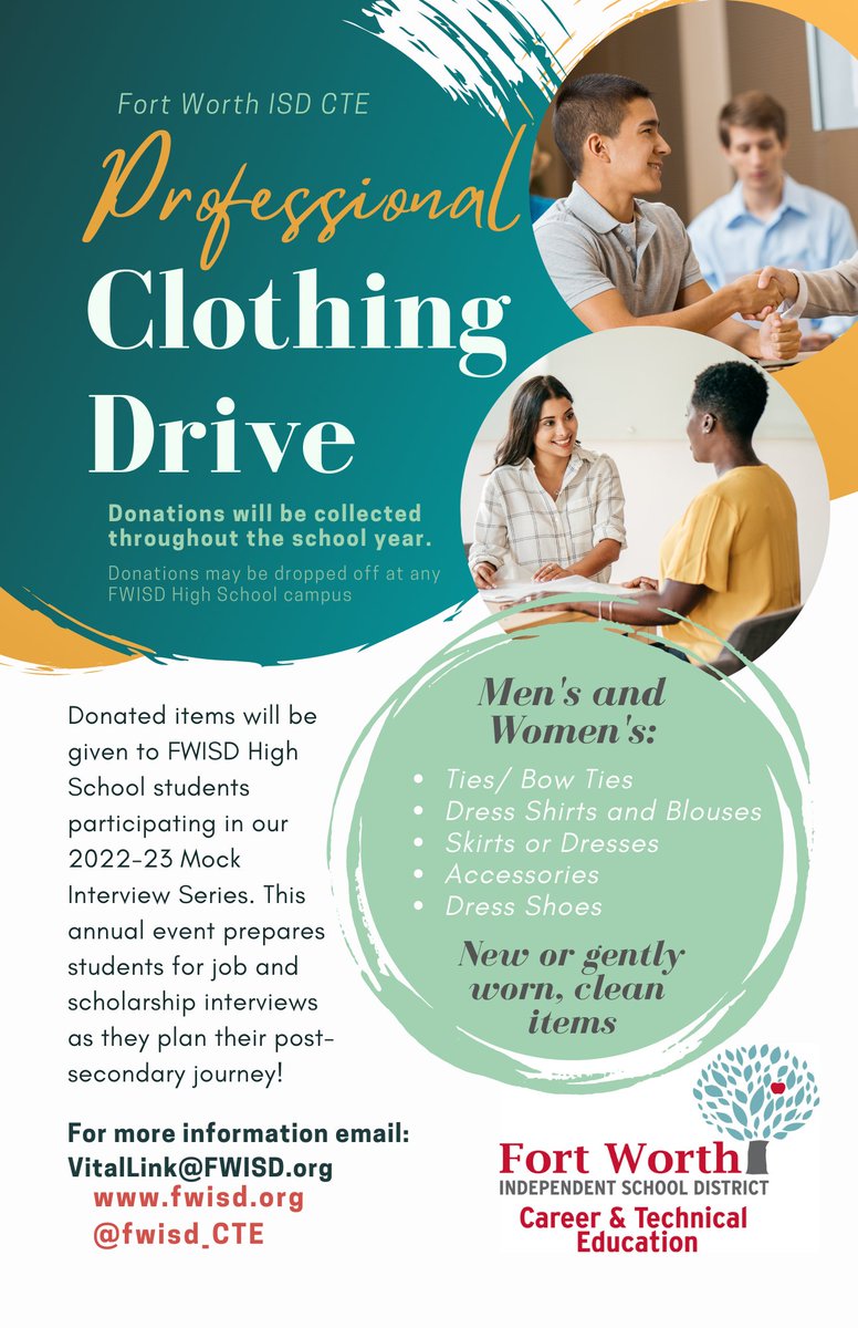 O. D. Wyatt CTE and AVID students are in need of professional attire for upcoming Mock Interviews and other events. Please share and contact Mrs. Castellano at julie.castellano@fwisd.org if you have items to donate. <a href="/HRob39/">Howard Robinson</a> <a href="/ODWyattFWISD/">Oscar Dean Wyatt</a> <a href="/OdwyattFB/">ODWyatt_FB</a> <a href="/Drmamouton/">Dr. Marion Andre Mouton</a> <a href="/WyattHSBB/">Fort Worth OD Wyatt Basketball</a>