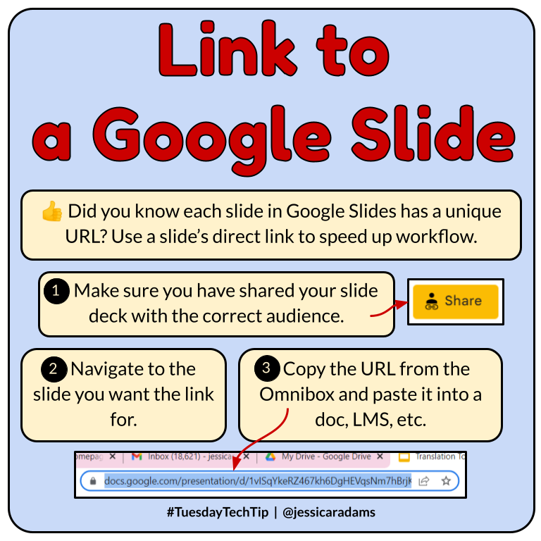 👍 It's time for a #TuesdayTechTip! Every slide in #GoogleSlides has a unique URL. Use that direct link to get everyone to where they need to be faster. 
<a href="/GoogleForEdu/">Google for Education</a> <a href="/mayyoulee/">May Jue</a> #GoogleET #AllTheTabs