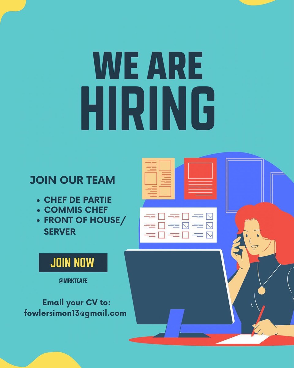 MRKTCafe's tweet photo. 🌟WE ARE HIRING🌟

Are you an enthusiast and hardworking person? 
These jobs could be for you! 

We are looking for:
Chef de partie
Commi chef
Front of house/ server 

DM us for more details, or send your CV to fowlersimon13@gmail.com https://t.co/UxhIKCBKNi