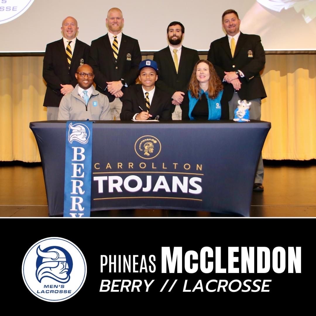 Congratulations to Carrollton Trojan Will Taylor on signing with Montevallo to play Lacrosse at the next level! Trojan Phineas McClendon signed with Berry College to play Lacrosse. 🥍 
@Trojan_Lacrosse