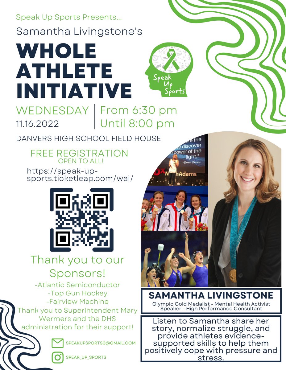 This Wednesday night in the DHS field house at 6:30 pm this student organized event through <a href="/Danvers_DECA/">Danvers DECA</a>  is open to the public. Samantha Livingston is an Olympic Gold medalist who has an amazing message to share. Sign up for free! 
speak-up-sports.ticketleap.com/wai/