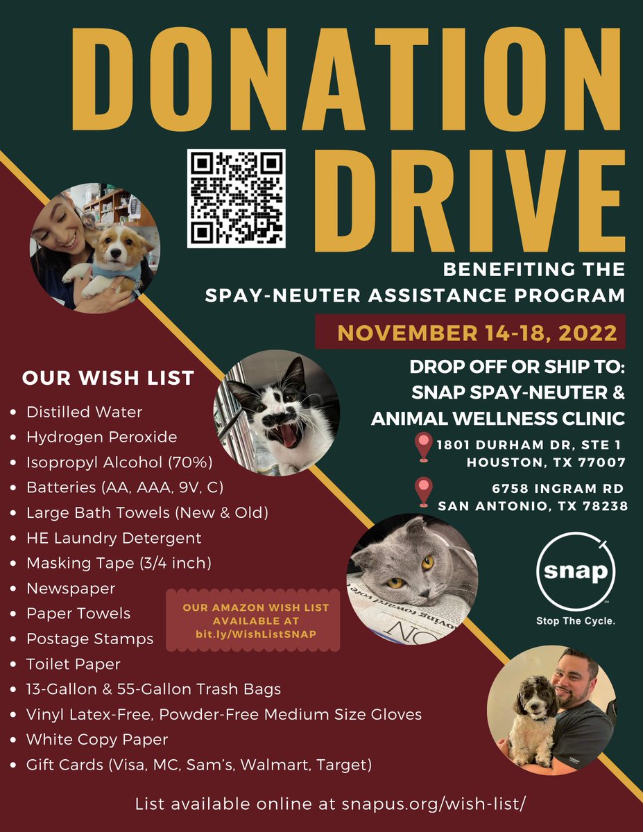 SNAPus's tweet photo. 📆 November 14-18, 2022
📲 LINK: https://t.co/N2MiM4cnvL
📍  LOCATION: https://t.co/PzJKQiE6el
📍  LOCATION: https://t.co/Nezo2ox38x
Veterinary clinics like SNAP stay very busy, and we go through supplies in high volume. (1/3) https://t.co/wCDEH97vxc