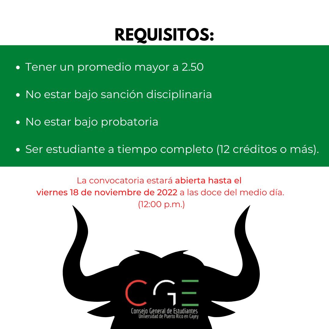 🚨A Estudiantes de UPR Cayey🚨

El CGE-UPRC estará realizando entrevistas a quienes estén interesados en formar parte del mismo. Favor de llenar el siguiente formulario 

forms.gle/cGwEVQJtxwkJ5S…

Estará abierta hasta el viernes 18 de noviembre de 2022 a las 12:00 m/d