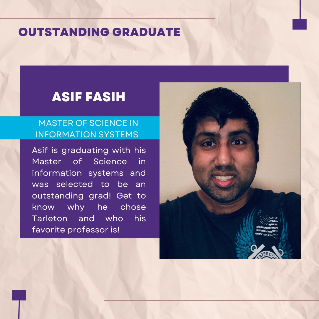COBTarleton's tweet photo. Recognizing another Outstanding Graduate, Asif Fashi! Congratulations to you Asif for this accomplishment and we wish you the best in all your future endeavors!
#TarletonGrad #BleedPurple https://t.co/j1wBPOFscC