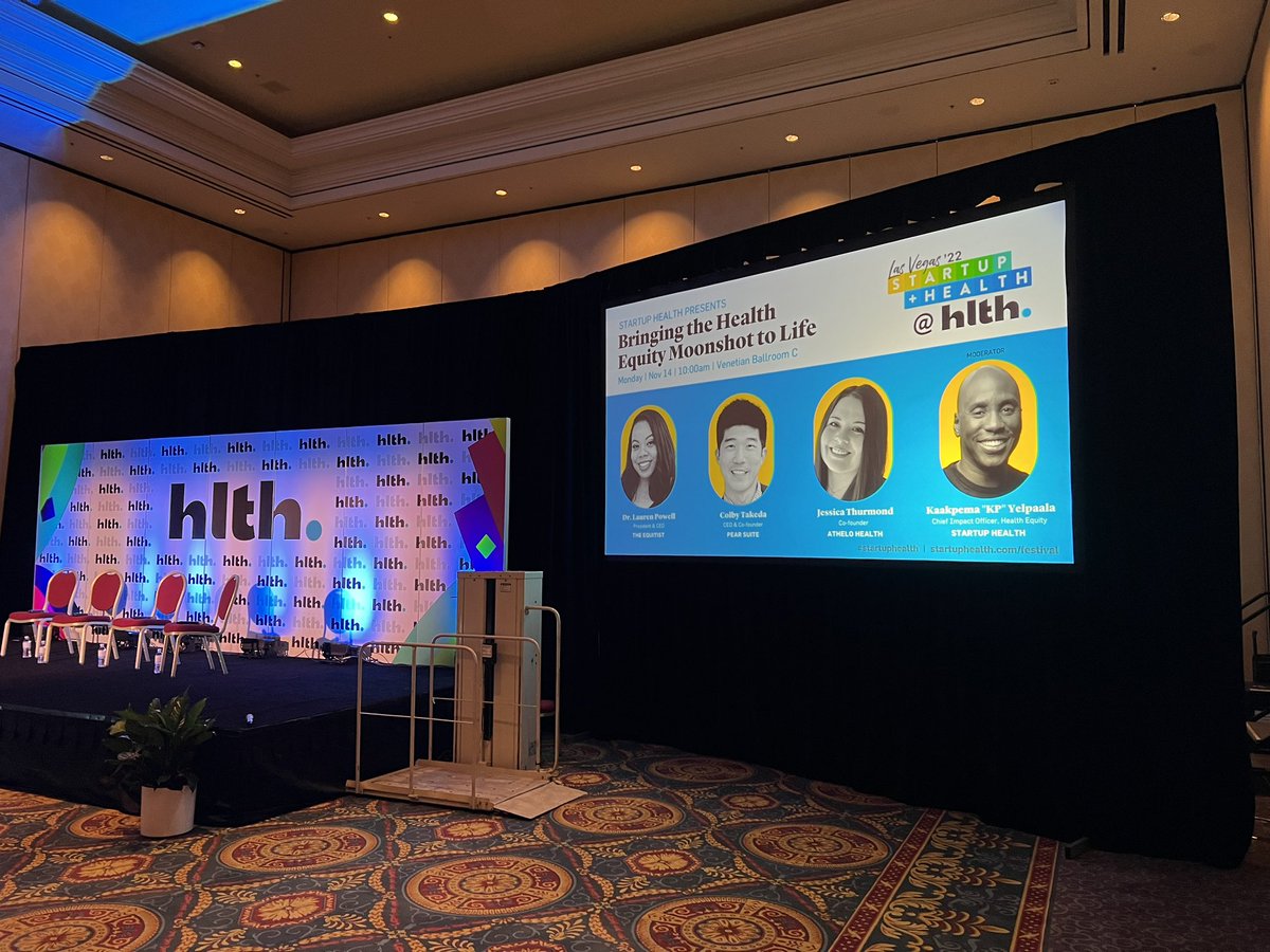 Second day of @HLTHEVENT ! Co-founder @JessicaThurmon4 speaking now at the Venetian Ballroom C on Health Equity along with our fellow Health Moonshot @startuphealth transformers