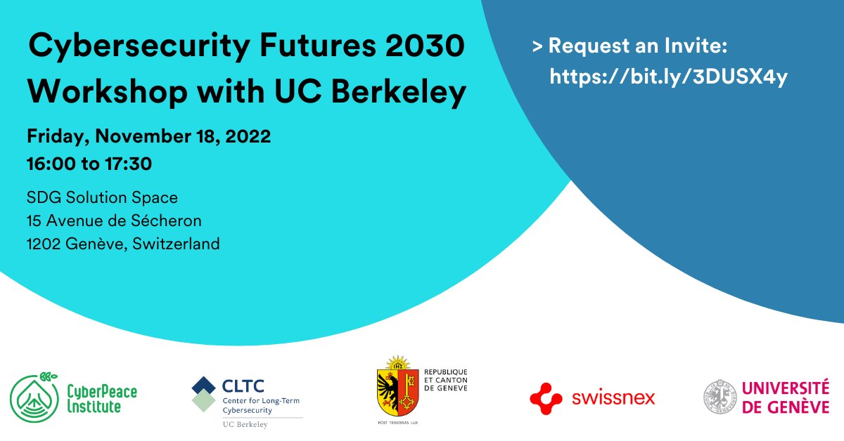 &gt;&gt;Happening this week in Switzerland&lt;&lt;

Join <a href="/CLTCBerkeley/">Center for Long-Term Cybersecurity</a>, <a href="/CyberpeaceInst/">CyberPeace Institute</a>, <a href="/UNIGEnews/">Université de Genève</a>, the canton of Geneva, and <a href="/swissnexSF/">Swissnex in San Francisco</a> at the <a href="/sdgsolspace/">SDG Solution Space</a> in Geneva for "Cybersecurity Futures 2030 -  a Workshop with UC Berkeley" ⬇️ 
Request an invite here: bit.ly/3DUSX4y