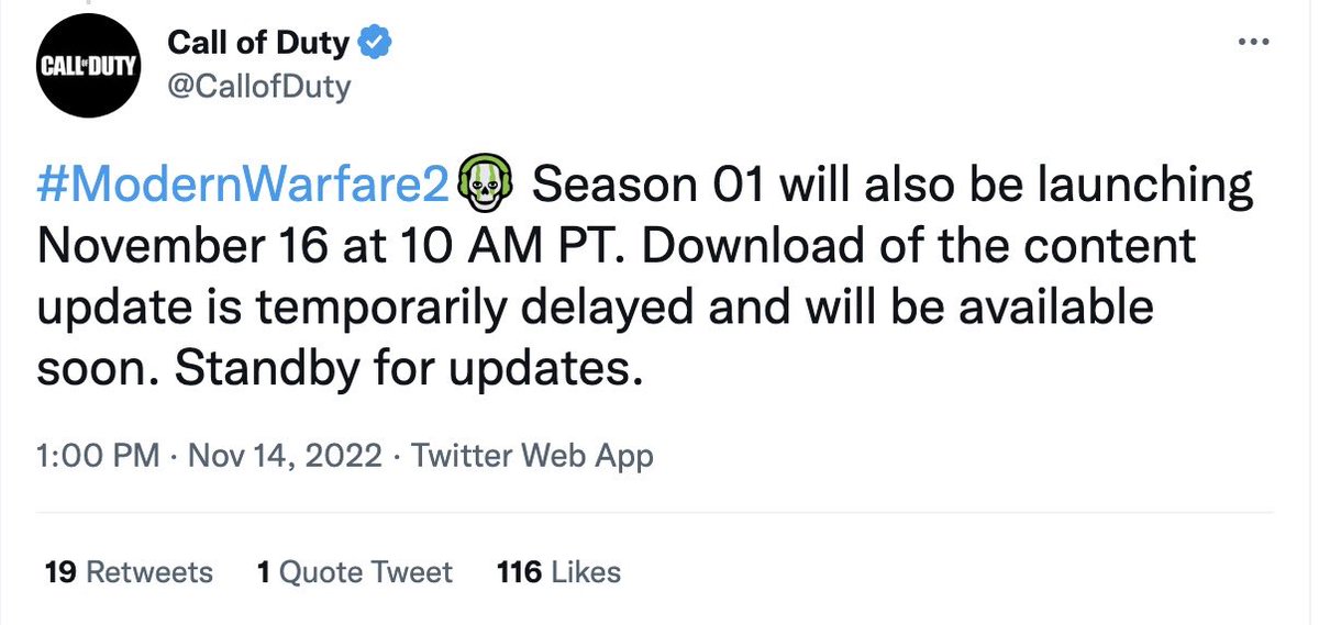Pre loading for #ModernWarfareII Multiplayer season one is delayed.

Pre loading for #Warzone2 is now live also